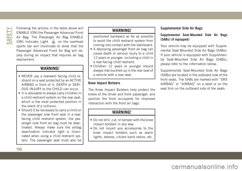JEEP WRANGLER 2DOORS 2019 Owner handbook (in English) Following the actions in the table above will
ENABLE (ON) the Passenger Advanced Front
Air Bag. The Passenger Air Bag ENABLE
(ON) Indicator Light
on the overhead
sports bar will illuminate to show tha JEEP WRANGLER 2DOORS 2019 Owner handbook (in English) Following the actions in the table above will
ENABLE (ON) the Passenger Advanced Front
Air Bag. The Passenger Air Bag ENABLE
(ON) Indicator Light
on the overhead
sports bar will illuminate to show tha