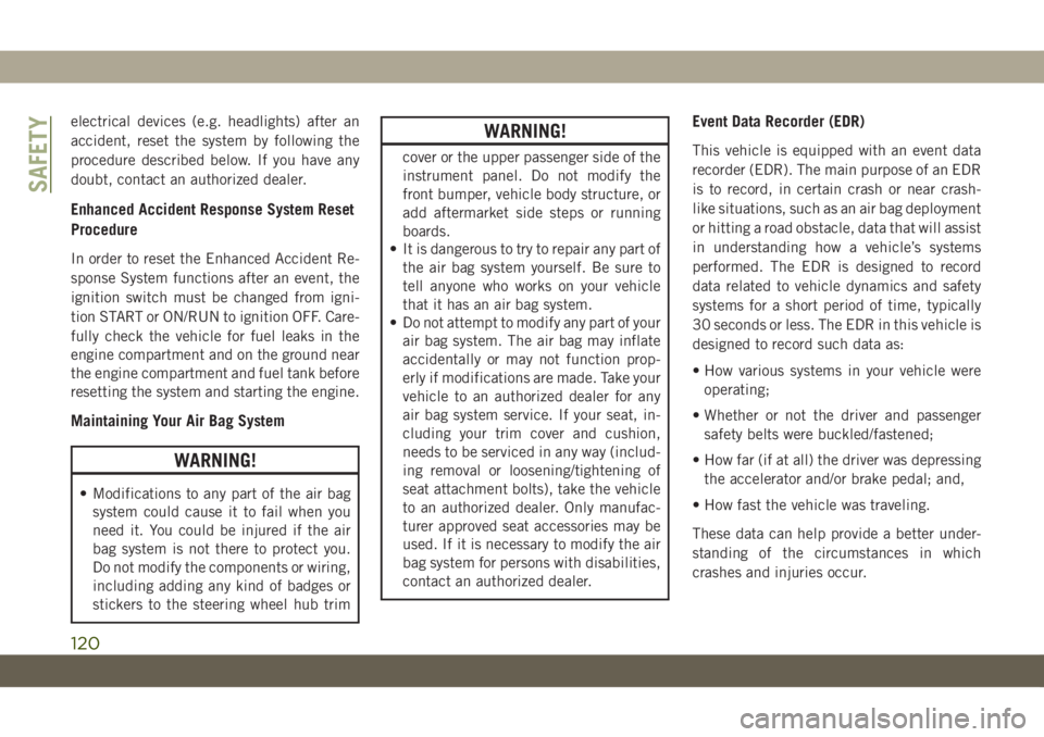 JEEP WRANGLER 2DOORS 2018 Owner handbook (in English) electrical devices (e.g. headlights) after an
accident, reset the system by following the
procedure described below. If you have any
doubt, contact an authorized dealer.
Enhanced Accident Response Sys JEEP WRANGLER 2DOORS 2018 Owner handbook (in English) electrical devices (e.g. headlights) after an
accident, reset the system by following the
procedure described below. If you have any
doubt, contact an authorized dealer.
Enhanced Accident Response Sys
