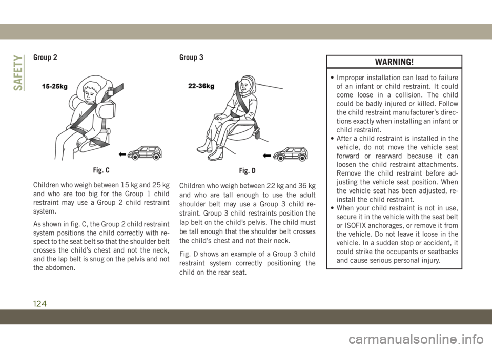 JEEP WRANGLER 2DOORS 2018  Owner handbook (in English) Group 2
Children who weigh between 15 kg and 25 kg
and who are too big for the Group 1 child
restraint may use a Group 2 child restraint
system.
As shown in fig. C, the Group 2 child restraint
system 