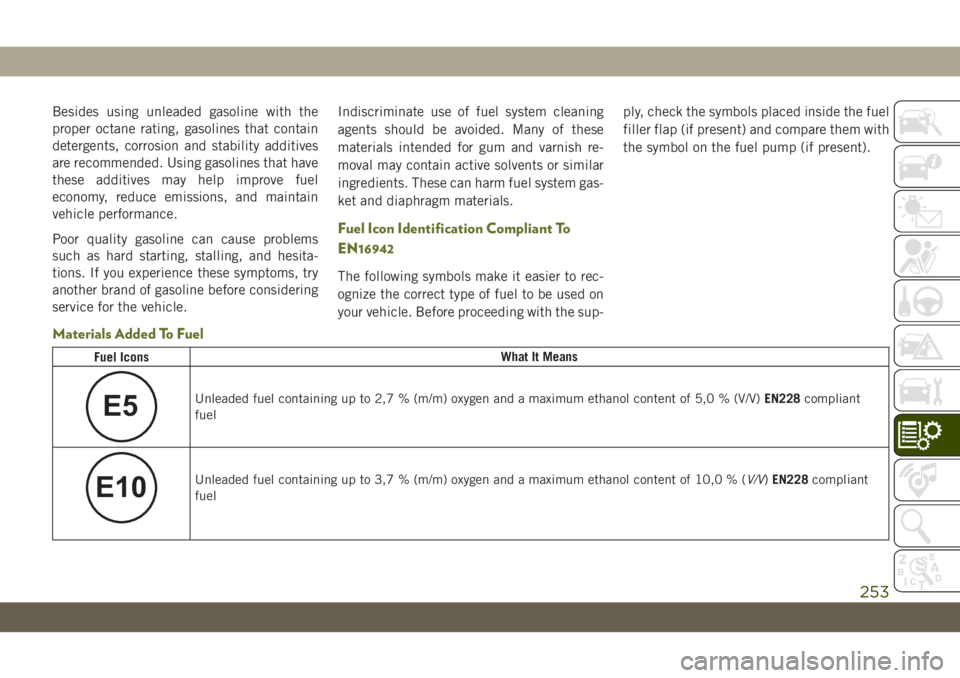 JEEP WRANGLER 2DOORS 2019  Owner handbook (in English) Besides using unleaded gasoline with the
proper octane rating, gasolines that contain
detergents, corrosion and stability additives
are recommended. Using gasolines that have
these additives may help 