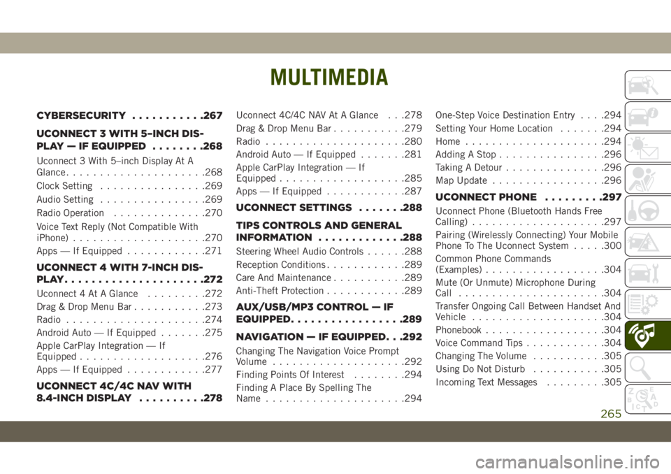 JEEP WRANGLER 2DOORS 2018 Owner handbook (in English) MULTIMEDIA
CYBERSECURITY...........267
UCONNECT 3 WITH 5–INCH DIS-
PLAY — IF EQUIPPED........268
Uconnect 3 With 5–inch Display At A
Glance.....................268
Clock Setting................2 JEEP WRANGLER 2DOORS 2018 Owner handbook (in English) MULTIMEDIA
CYBERSECURITY...........267
UCONNECT 3 WITH 5–INCH DIS-
PLAY — IF EQUIPPED........268
Uconnect 3 With 5–inch Display At A
Glance.....................268
Clock Setting................2