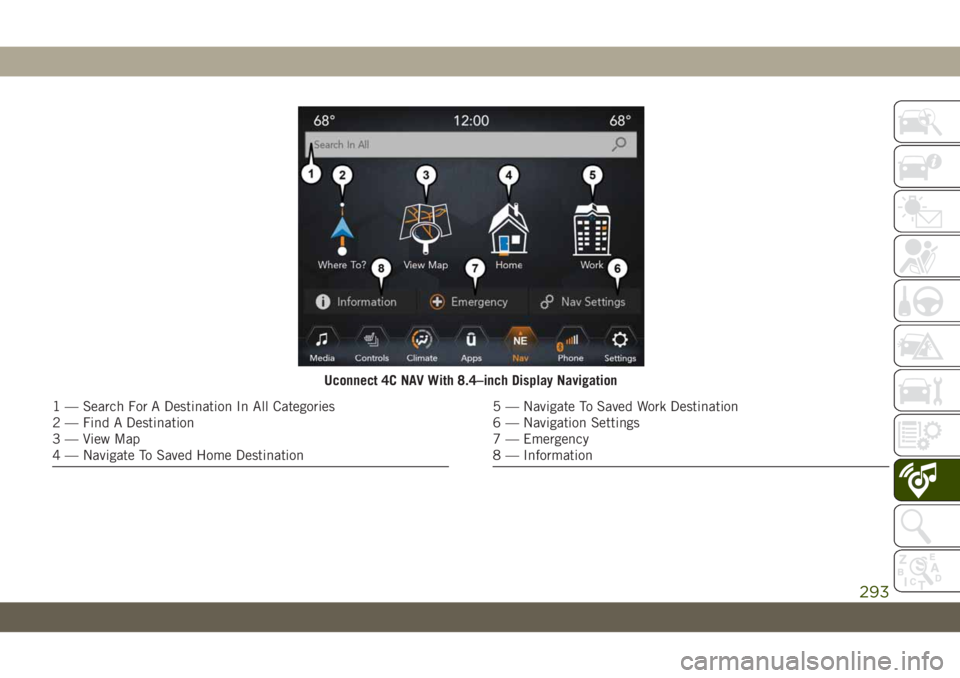 JEEP WRANGLER 2DOORS 2019 Owner handbook (in English) Uconnect 4C NAV With 8.4–inch Display Navigation
1 — Search For A Destination In All Categories
2 — Find A Destination
3 — View Map
4 — Navigate To Saved Home Destination5 — Navigate To Sa JEEP WRANGLER 2DOORS 2019 Owner handbook (in English) Uconnect 4C NAV With 8.4–inch Display Navigation
1 — Search For A Destination In All Categories
2 — Find A Destination
3 — View Map
4 — Navigate To Saved Home Destination5 — Navigate To Sa
