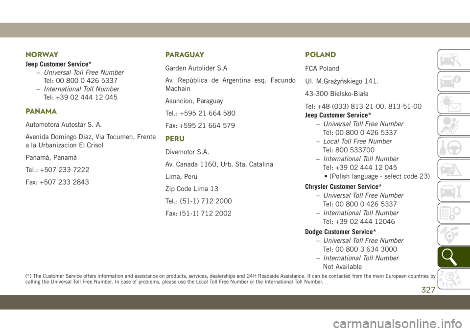 JEEP WRANGLER 2DOORS 2018 Owner handbook (in English) NORWAY
Jeep Customer Service*
–Universal Toll Free Number
Tel: 00 800 0 426 5337
–International Toll Number
Tel: +39 02 444 12 045
PANAMA
Automotora Autostar S. A.
Avenida Domingo Diaz, Via Tocume JEEP WRANGLER 2DOORS 2018 Owner handbook (in English) NORWAY
Jeep Customer Service*
–Universal Toll Free Number
Tel: 00 800 0 426 5337
–International Toll Number
Tel: +39 02 444 12 045
PANAMA
Automotora Autostar S. A.
Avenida Domingo Diaz, Via Tocume