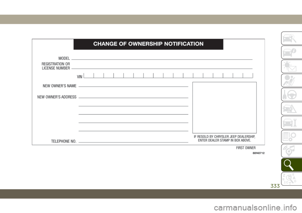 JEEP WRANGLER 2DOORS 2019  Owner handbook (in English) 333 