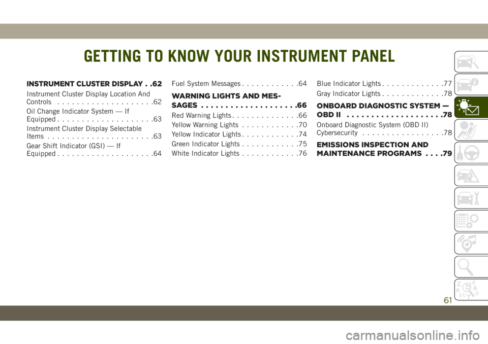 JEEP WRANGLER 2DOORS 2018  Owner handbook (in English) GETTING TO KNOW YOUR INSTRUMENT PANEL
INSTRUMENT CLUSTER DISPLAY. .62
Instrument Cluster Display Location And
Controls....................62
Oil Change Indicator System — If
Equipped................