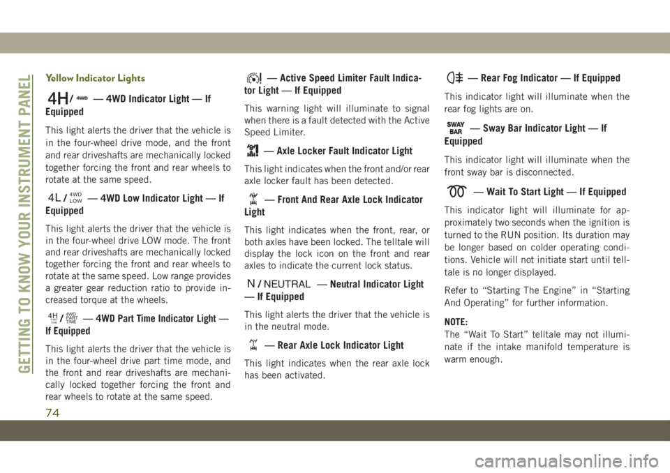 JEEP WRANGLER 2DOORS 2019 Owner handbook (in English) Yellow Indicator Lights
/— 4WD Indicator Light — If
Equipped
This light alerts the driver that the vehicle is
in the four-wheel drive mode, and the front
and rear driveshafts are mechanically lock JEEP WRANGLER 2DOORS 2019 Owner handbook (in English) Yellow Indicator Lights
/— 4WD Indicator Light — If
Equipped
This light alerts the driver that the vehicle is
in the four-wheel drive mode, and the front
and rear driveshafts are mechanically lock