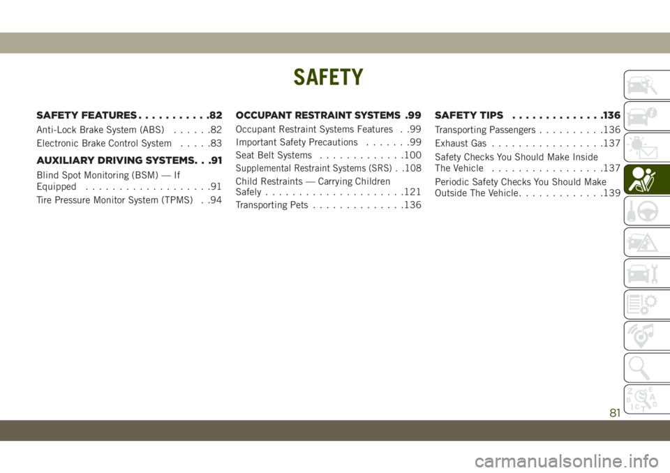 JEEP WRANGLER 2DOORS 2018  Owner handbook (in English) SAFETY
SAFETY FEATURES...........82
Anti-Lock Brake System (ABS)......82
Electronic Brake Control System.....83
AUXILIARY DRIVING SYSTEMS. . .91
Blind Spot Monitoring (BSM) — If
Equipped............