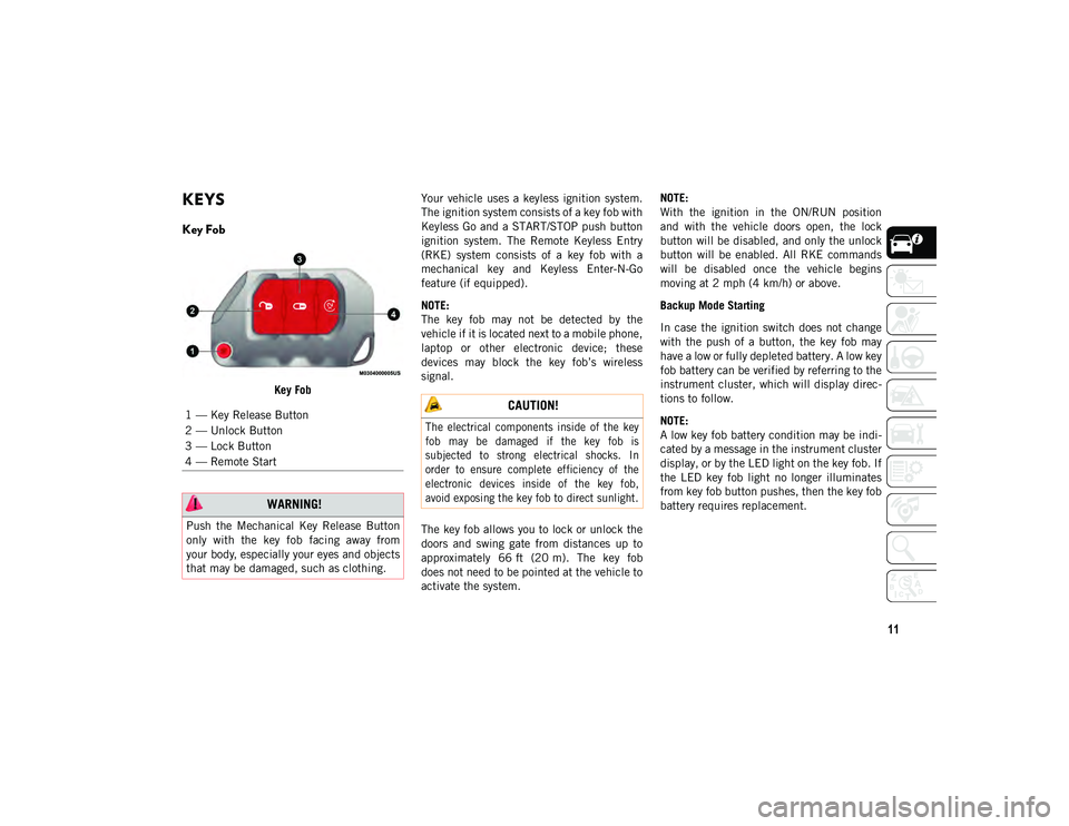JEEP WRANGLER 2DOORS 2020 Owner handbook (in English) 11
GETTING TO KNOW YOUR VEHICLE
KEYS
Key Fob
Key FobYour vehicle uses a keyless ignition system.
The ignition system consists of a key fob with
Keyless Go and a START/STOP push button
ignition JEEP WRANGLER 2DOORS 2020 Owner handbook (in English) 11
GETTING TO KNOW YOUR VEHICLE
KEYS
Key Fob
Key FobYour vehicle uses a keyless ignition system.
The ignition system consists of a key fob with
Keyless Go and a START/STOP push button
ignition