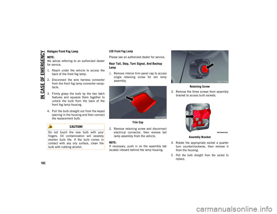 JEEP WRANGLER 2DOORS 2020  Owner handbook (in English) IN CASE OF EMERGENCY
182
Halogen Front Fog Lamp   
NOTE:
We  advise  referring  to  an  authorized  dealer
for service.
1. Reach  under  the  vehicle  to  access  theback of the front fog lamp.
2. Dis