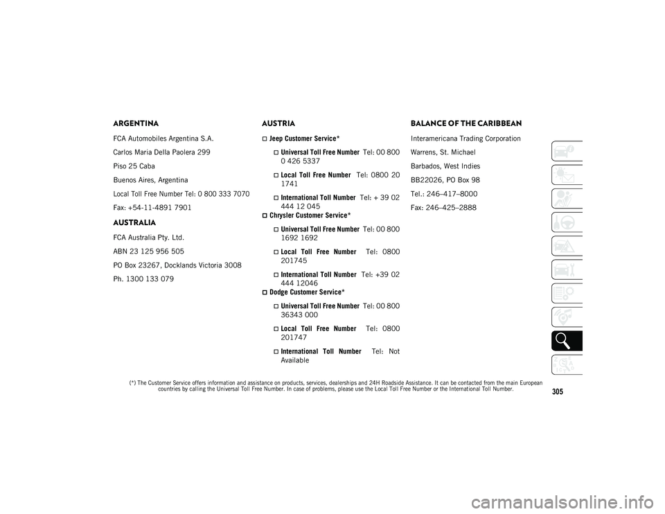 JEEP WRANGLER 2DOORS 2021 Owner handbook (in English) 305
(*) The Customer Service offers information and assistance on products, services, dealerships and 24H Roadside Assistance. It can be contacted from the main European countries by calling the Univ JEEP WRANGLER 2DOORS 2021 Owner handbook (in English) 305
(*) The Customer Service offers information and assistance on products, services, dealerships and 24H Roadside Assistance. It can be contacted from the main European countries by calling the Univ