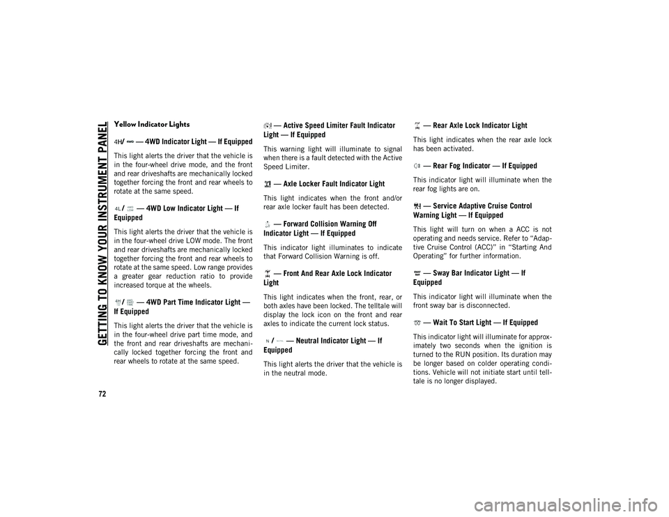 JEEP WRANGLER 2DOORS 2020 Owner handbook (in English) GETTING TO KNOW YOUR INSTRUMENT PANEL
72
Yellow Indicator Lights/ — 4WD Indicator Light — If Equipped
This light alerts the driver that the vehicle is
in the four-wheel drive mode, and the JEEP WRANGLER 2DOORS 2020 Owner handbook (in English) GETTING TO KNOW YOUR INSTRUMENT PANEL
72
Yellow Indicator Lights/ — 4WD Indicator Light — If Equipped
This light alerts the driver that the vehicle is
in the four-wheel drive mode, and the