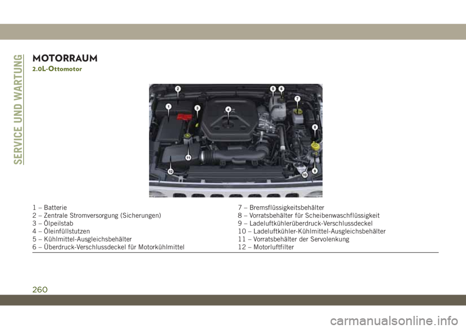 JEEP WRANGLER 2DOORS 2018  Betriebsanleitung (in German) MOTORRAUM
2.0L-Ottomotor
1 – Batterie 7 – Bremsflüssigkeitsbehälter
2 – Zentrale Stromversorgung (Sicherungen) 8 – Vorratsbehälter für Scheibenwaschflüssigkeit
3 – Ölpeilstab 9 – Lad