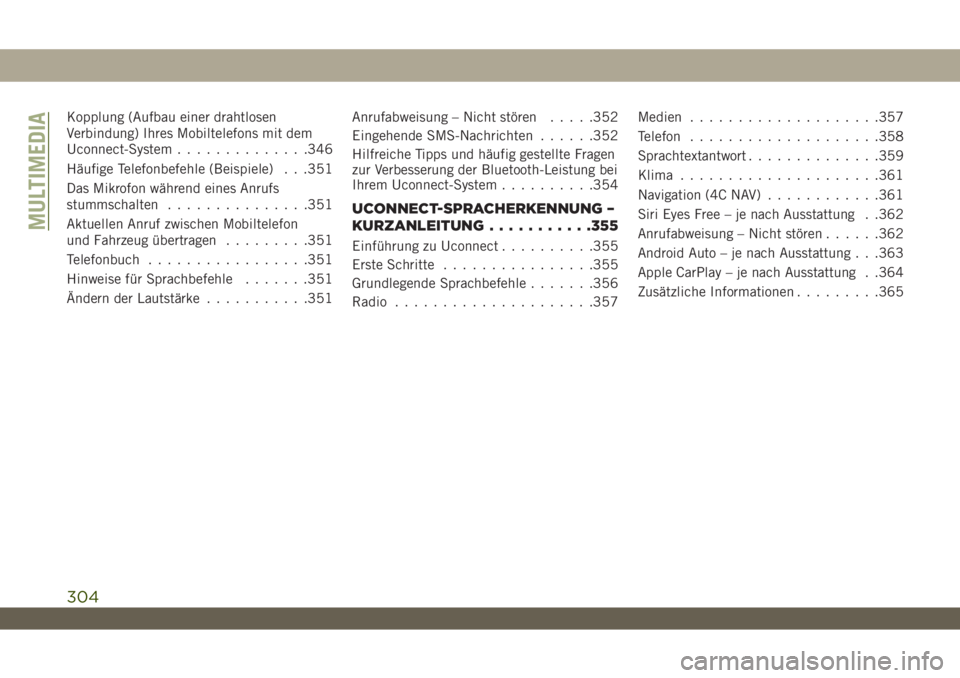 JEEP WRANGLER 2DOORS 2019  Betriebsanleitung (in German) Kopplung (Aufbau einer drahtlosen
Verbindung) Ihres Mobiltelefons mit dem
Uconnect-System..............346
Häufige Telefonbefehle (Beispiele) . . .351
Das Mikrofon während eines Anrufs
stummschalten