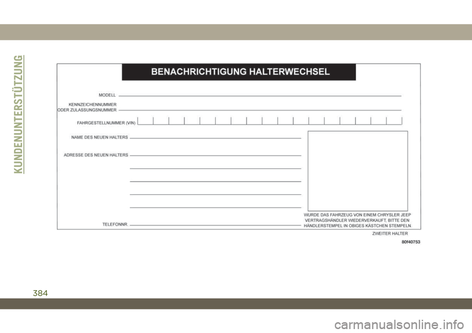 JEEP WRANGLER 2DOORS 2018 Betriebsanleitung (in German) KUNDENUNTERSTÜTZUNG
384 JEEP WRANGLER 2DOORS 2018 Betriebsanleitung (in German) KUNDENUNTERSTÜTZUNG
384