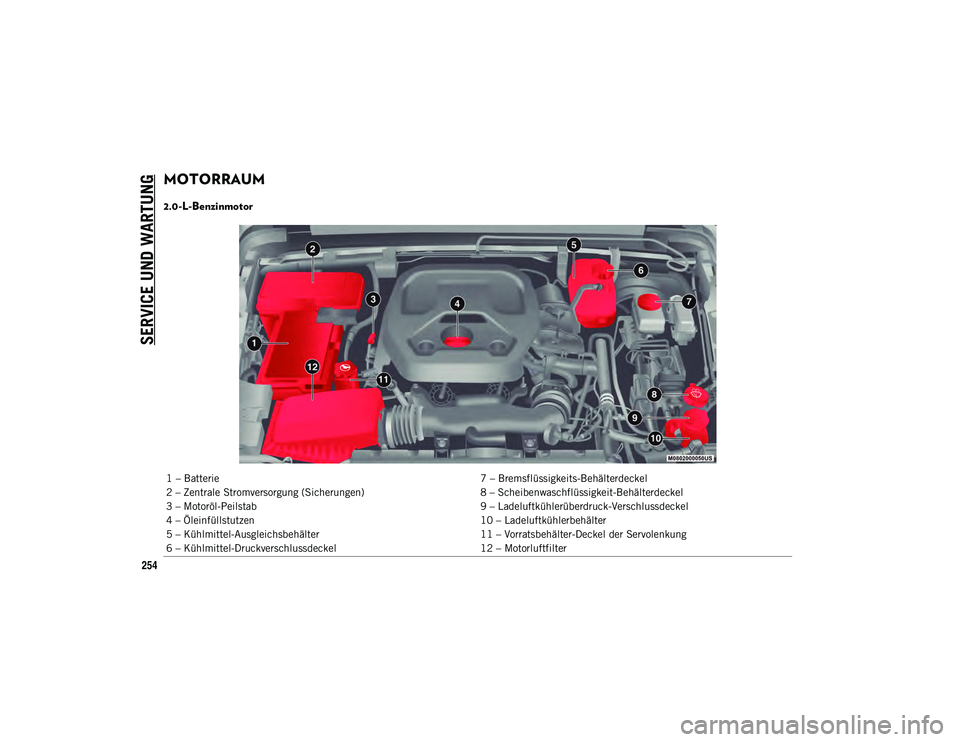 JEEP WRANGLER 2DOORS 2021  Betriebsanleitung (in German) SERVICE UND WARTUNG
254
MOTORRAUM  
2.0-L-Benzinmotor 
1 – Batterie7 – Bremsflüssigkeits-Behälterdeckel
2 – Zentrale Stromversorgung (Sicherungen) 8 – Scheibenwaschflüssigkeit-Behälterdeck