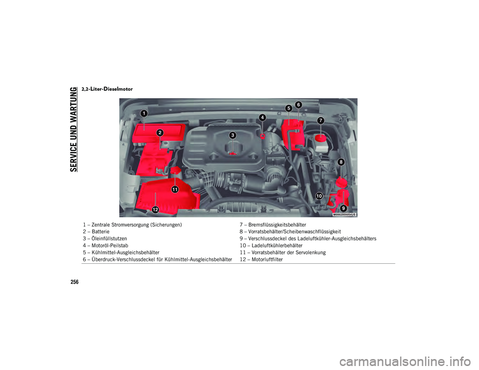 JEEP WRANGLER 2DOORS 2021  Betriebsanleitung (in German) SERVICE UND WARTUNG
256
2,2-Liter-Dieselmotor
1 – Zentrale Stromversorgung (Sicherungen)7 – Bremsflüssigkeitsbehälter
2 – Batterie 8 – Vorratsbehälter/Scheibenwaschflüssigkeit
3 – Ölein