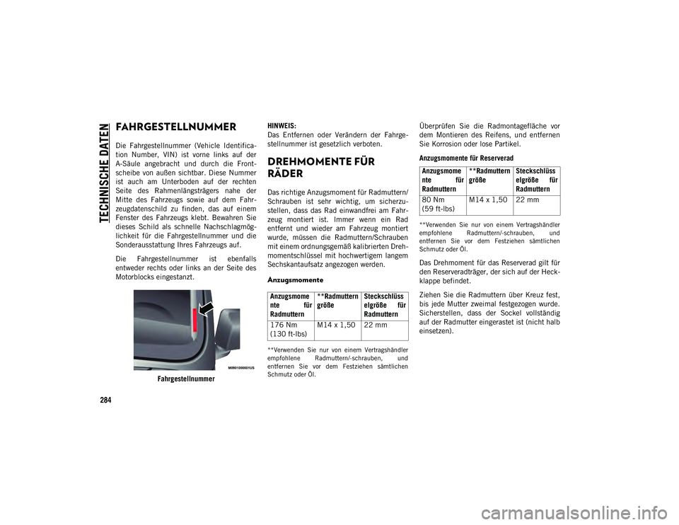 JEEP WRANGLER 2DOORS 2021  Betriebsanleitung (in German) 284
TECHNISCHE DATEN
FAHRGESTELLNUMMER 
Die  Fahrgestellnummer  (Vehicle  Identifica-
tion  Number,  VIN)  ist  vorne  links  auf  der
A-Säule  angebracht  und  durch  die  Front-
scheibe  von  auße