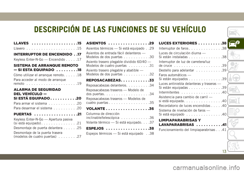 JEEP WRANGLER 2DOORS 2018  Manual de Empleo y Cuidado (in Spanish) DESCRIPCIÓN DE LAS FUNCIONES DE SU VEHÍCULO
LLAVES ...................15
Llavero.....................15
INTERRUPTOR DE ENCENDIDO . .17
Keyless Enter-N-Go — Encendido.....17
SISTEMA DE ARRANQUE REM