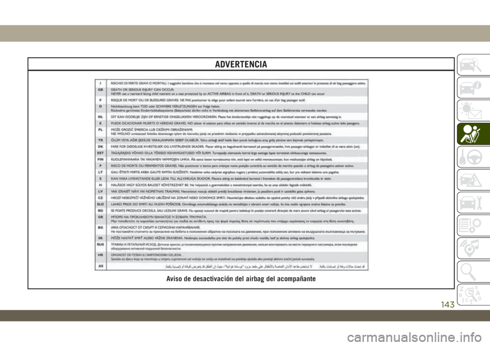 JEEP WRANGLER 2DOORS 2018 Manual de Empleo y Cuidado (in Spanish) ADVERTENCIA
Aviso de desactivación del airbag del acompañante
143 JEEP WRANGLER 2DOORS 2018 Manual de Empleo y Cuidado (in Spanish) ADVERTENCIA
Aviso de desactivación del airbag del acompañante
143