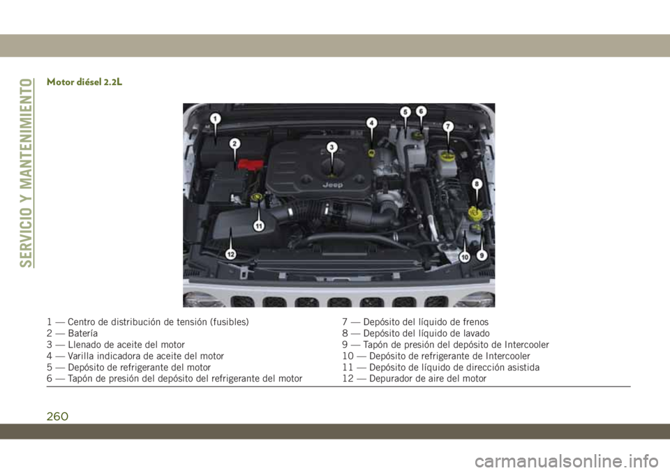 JEEP WRANGLER 2DOORS 2018 Manual de Empleo y Cuidado (in Spanish) Motor diésel 2.2L
1 — Centro de distribución de tensión (fusibles) 7 — Depósito del líquido de frenos
2 — Batería 8 — Depósito del líquido de lavado
3 — Llenado de aceite del motor 9 JEEP WRANGLER 2DOORS 2018 Manual de Empleo y Cuidado (in Spanish) Motor diésel 2.2L
1 — Centro de distribución de tensión (fusibles) 7 — Depósito del líquido de frenos
2 — Batería 8 — Depósito del líquido de lavado
3 — Llenado de aceite del motor 9