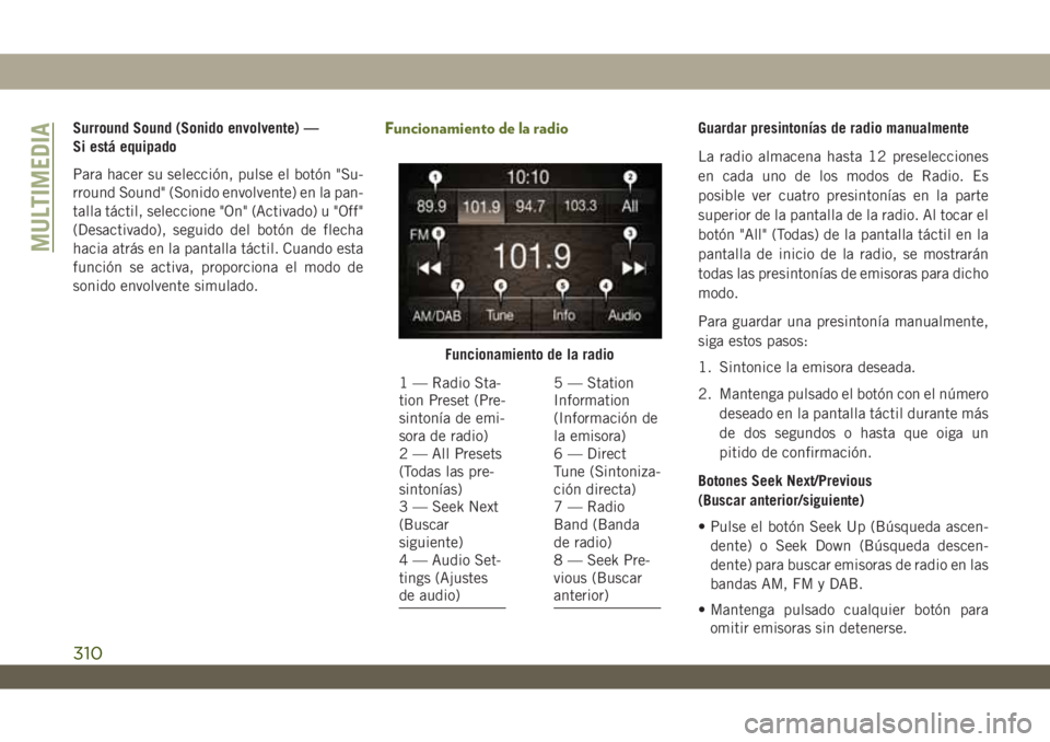 JEEP WRANGLER 2DOORS 2018 Manual de Empleo y Cuidado (in Spanish) Surround Sound (Sonido envolvente) —
Si está equipado
Para hacer su selección, pulse el botón "Su-
rround Sound" (Sonido envolvente) en la pan-
talla táctil, seleccione "On" (Act JEEP WRANGLER 2DOORS 2018 Manual de Empleo y Cuidado (in Spanish) Surround Sound (Sonido envolvente) —
Si está equipado
Para hacer su selección, pulse el botón "Su-
rround Sound" (Sonido envolvente) en la pan-
talla táctil, seleccione "On" (Act