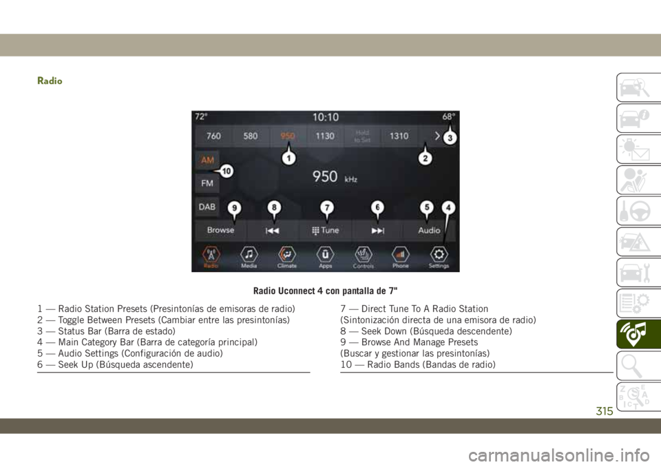JEEP WRANGLER 2DOORS 2018 Manual de Empleo y Cuidado (in Spanish) Radio
Radio Uconnect 4 con pantalla de 7"
1 — Radio Station Presets (Presintonías de emisoras de radio)
2 — Toggle Between Presets (Cambiar entre las presintonías)
3 — Status Bar (Barra de JEEP WRANGLER 2DOORS 2018 Manual de Empleo y Cuidado (in Spanish) Radio
Radio Uconnect 4 con pantalla de 7"
1 — Radio Station Presets (Presintonías de emisoras de radio)
2 — Toggle Between Presets (Cambiar entre las presintonías)
3 — Status Bar (Barra de