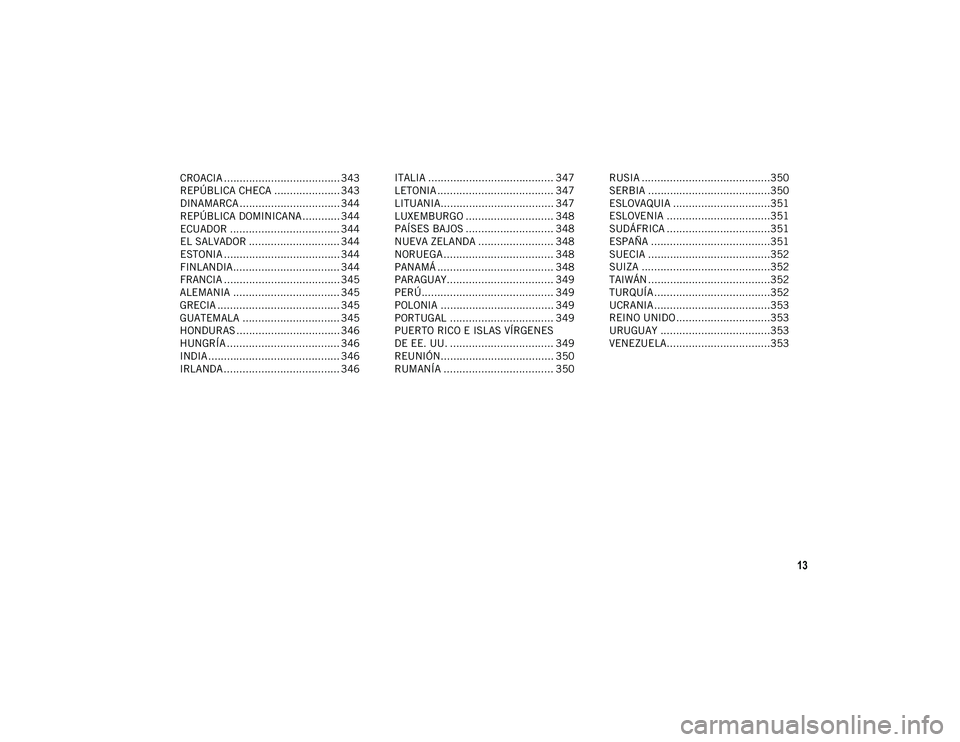 JEEP WRANGLER 2DOORS 2020  Manual de Empleo y Cuidado (in Spanish) 13
CROACIA ..................................... 343
REPÚBLICA CHECA ..................... 343
DINAMARCA ................................ 344
REPÚBLICA DOMINICANA ............ 344
ECUADOR ..........