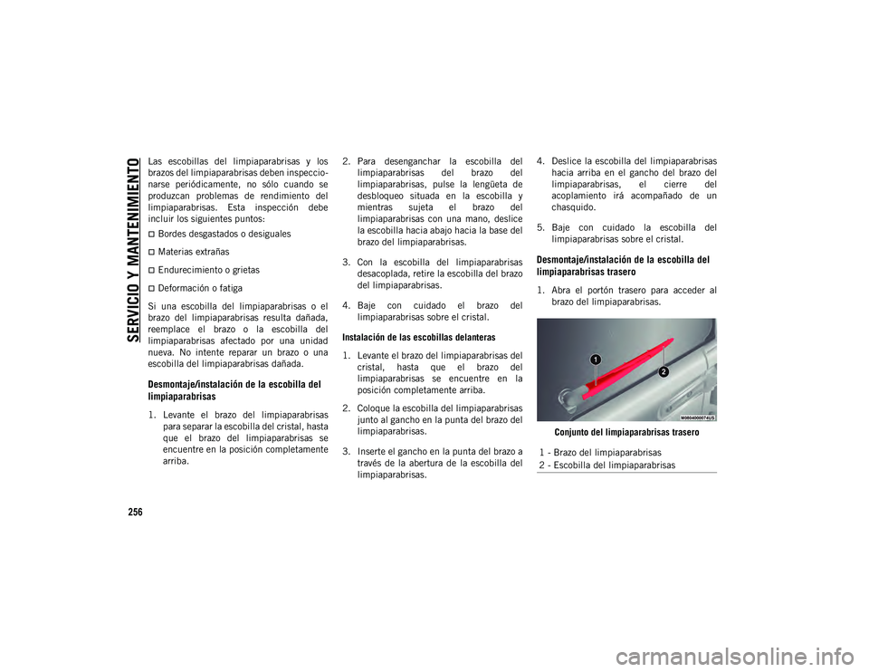 JEEP WRANGLER 2DOORS 2020 Manual de Empleo y Cuidado (in Spanish) SERVICIO Y MANTENIMIENTO
256
Las escobillas del limpiaparabrisas y los
brazos del limpiaparabrisas deben inspeccio-
narse periódicamente, no sólo cuando se
produzcan problemas de rendim JEEP WRANGLER 2DOORS 2020 Manual de Empleo y Cuidado (in Spanish) SERVICIO Y MANTENIMIENTO
256
Las escobillas del limpiaparabrisas y los
brazos del limpiaparabrisas deben inspeccio-
narse periódicamente, no sólo cuando se
produzcan problemas de rendim