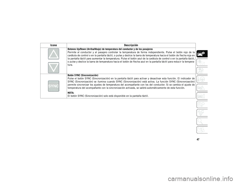 JEEP WRANGLER 2DOORS 2020  Manual de Empleo y Cuidado (in Spanish) 47
Botones Up/Down (Arriba/Abajo) de temperatura del conductor y de los pasajeros
Permite  al  conductor  y  al  pasajero  controlar  la  temperatura  de  forma  independiente.  Pulse  el  botón  roj
