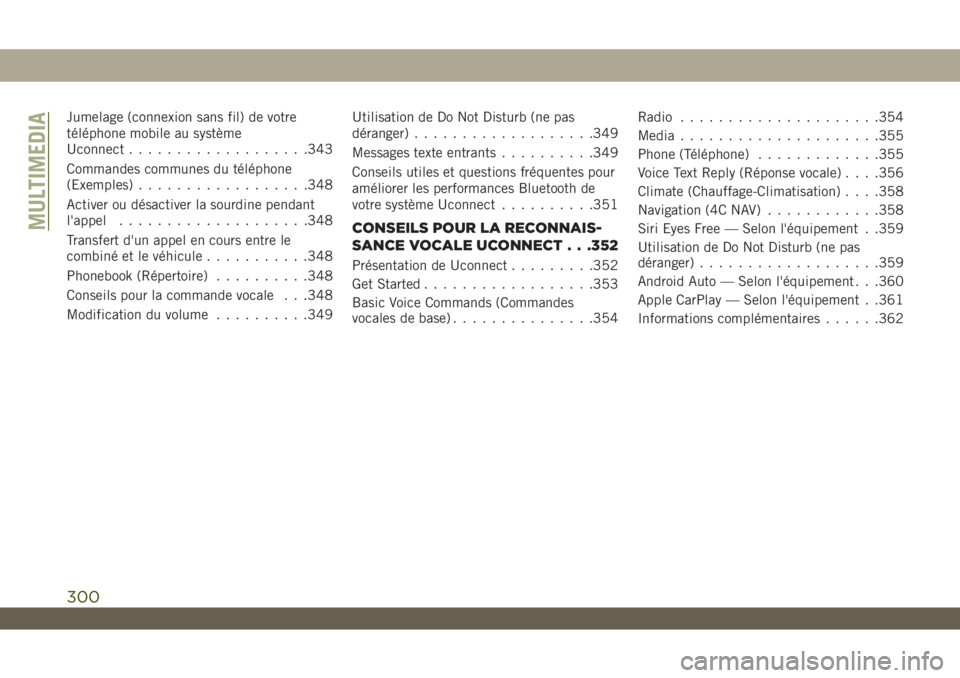 JEEP WRANGLER 2DOORS 2019  Notice dentretien (in French) Jumelage (connexion sans fil) de votre
téléphone mobile au système
Uconnect...................343
Commandes communes du téléphone
(Exemples)..................348
Activer ou désactiver la sourdin
