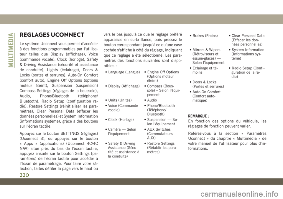 JEEP WRANGLER 2DOORS 2019  Notice dentretien (in French) REGLAGES UCONNECT
Le système Uconnect vous permet d'accéder
à des fonctions programmables par l'utilisa-
teur telles que Display (affichage), Voice
(commande vocale), Clock (horloge), Safet