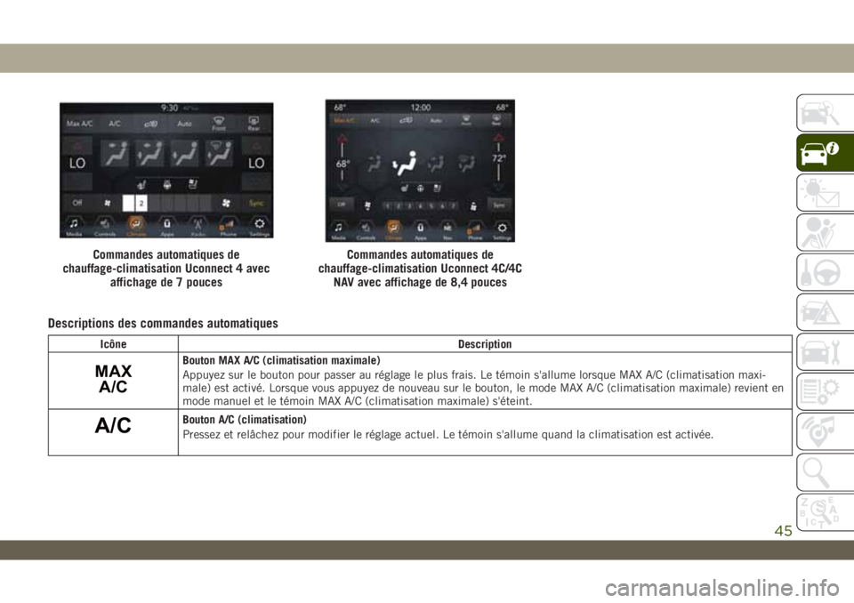 JEEP WRANGLER 2DOORS 2019 Notice dentretien (in French) Descriptions des commandes automatiques
Icône Description
MAX
A/CBouton MAX A/C (climatisation maximale)
Appuyez sur le bouton pour passer au réglage le plus frais. Le témoin s'allume lorsque M JEEP WRANGLER 2DOORS 2019 Notice dentretien (in French) Descriptions des commandes automatiques
Icône Description
MAX
A/CBouton MAX A/C (climatisation maximale)
Appuyez sur le bouton pour passer au réglage le plus frais. Le témoin s'allume lorsque M