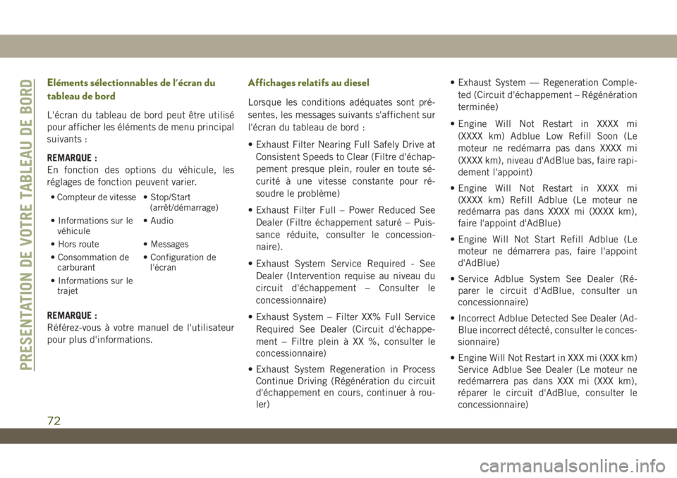 JEEP WRANGLER 2DOORS 2019  Notice dentretien (in French) Eléments sélectionnables de l'écran du
tableau de bord
L'écran du tableau de bord peut être utilisé
pour afficher les éléments de menu principal
suivants :
REMARQUE :
En fonction des o