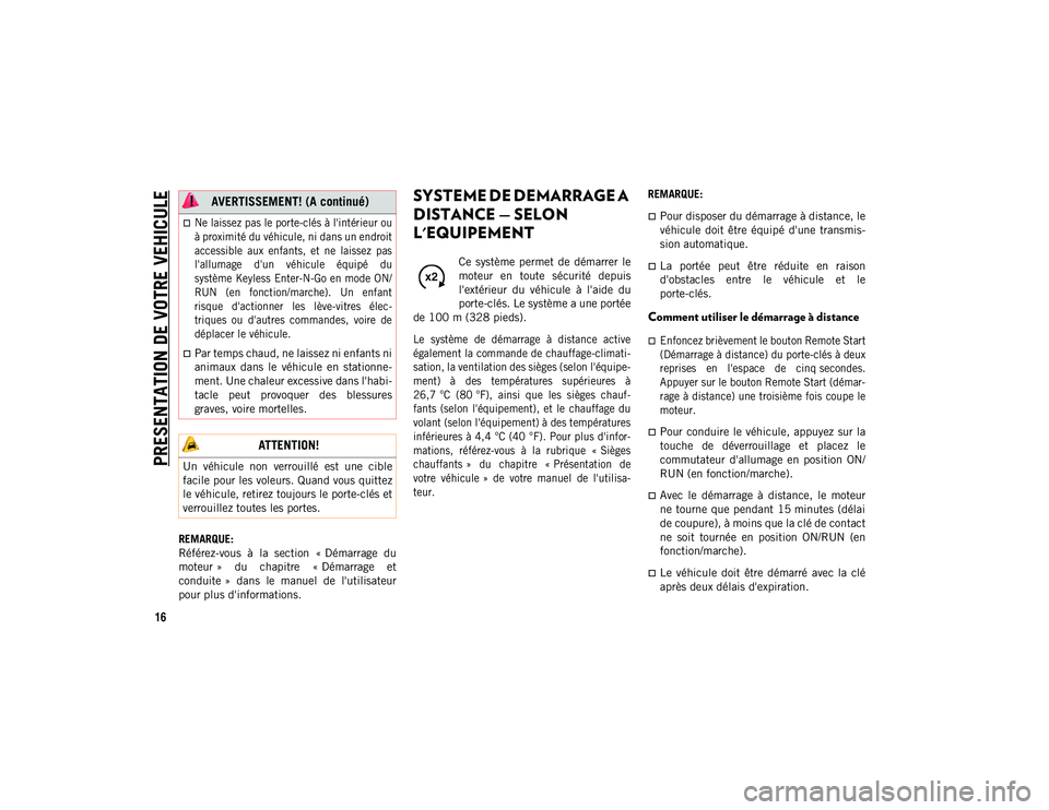 JEEP WRANGLER 2DOORS 2021 Notice dentretien (in French) PRESENTATION DE VOTRE VEHICULE
16
REMARQUE:
Référez-vous à la section « Démarrage du
moteur » du chapitre « Démarrage et
conduite » dans le manuel de l'utilisateur
pour plus JEEP WRANGLER 2DOORS 2021 Notice dentretien (in French) PRESENTATION DE VOTRE VEHICULE
16
REMARQUE:
Référez-vous à la section « Démarrage du
moteur » du chapitre « Démarrage et
conduite » dans le manuel de l'utilisateur
pour plus