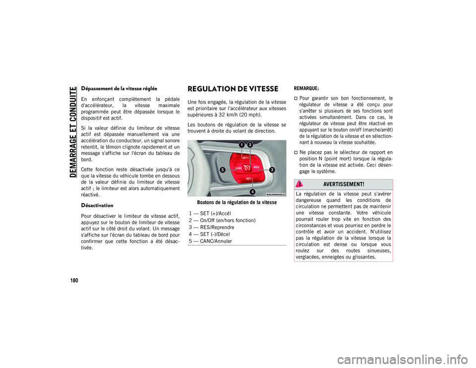 JEEP WRANGLER 2DOORS 2020 Notice dentretien (in French) DEMARRAGE ET CONDUITE
180
Dépassement de la vitesse réglée
En enfonçant complètement la pédale
d'accélérateur, la vitesse maximale
programmée peut être dépassée lorsque le
JEEP WRANGLER 2DOORS 2020 Notice dentretien (in French) DEMARRAGE ET CONDUITE
180
Dépassement de la vitesse réglée
En enfonçant complètement la pédale
d'accélérateur, la vitesse maximale
programmée peut être dépassée lorsque le
