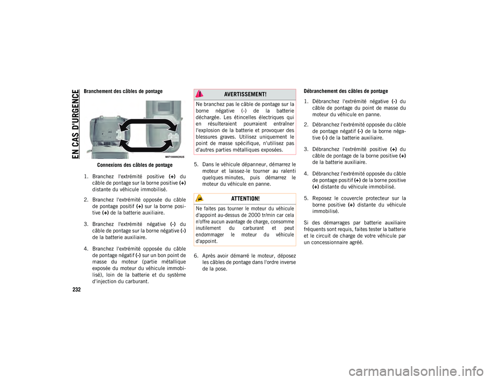 JEEP WRANGLER 2DOORS 2020  Notice dentretien (in French) EN CAS D'URGENCE
232
Branchement des câbles de pontageConnexions des câbles de pontage
1. Branchez  l'extrémité  positive  (+)  du
câble de pontage sur la borne positive  (+)
distante du 