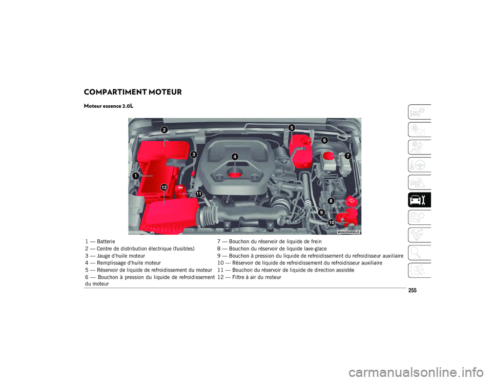 JEEP WRANGLER 2DOORS 2021 Notice dentretien (in French) 255
COMPARTIMENT MOTEUR
Moteur essence 2.0L
1 — Batterie7 — Bouchon du réservoir de liquide de frein
2 — Centre de distribution électrique (fusibles) 8 — Bouchon du réservoir de liquide JEEP WRANGLER 2DOORS 2021 Notice dentretien (in French) 255
COMPARTIMENT MOTEUR
Moteur essence 2.0L
1 — Batterie7 — Bouchon du réservoir de liquide de frein
2 — Centre de distribution électrique (fusibles) 8 — Bouchon du réservoir de liquide