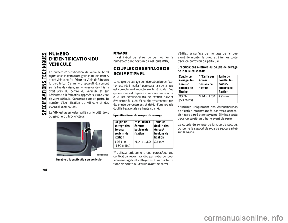 JEEP WRANGLER 2DOORS 2020 Notice dentretien (in French) 284
SPECIFICATIONS TECHNIQUES
NUMERO
D'IDENTIFICATION DU
VEHICULE
Le numéro d'identification du véhicule (VIN)
figure dans le coin avant gauche du montant A
et est visible de l' JEEP WRANGLER 2DOORS 2020 Notice dentretien (in French) 284
SPECIFICATIONS TECHNIQUES
NUMERO
D'IDENTIFICATION DU
VEHICULE
Le numéro d'identification du véhicule (VIN)
figure dans le coin avant gauche du montant A
et est visible de l'