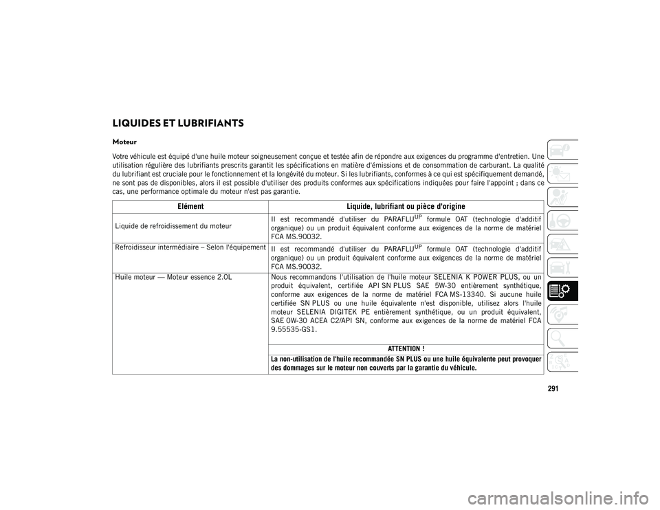 JEEP WRANGLER 2DOORS 2020  Notice dentretien (in French) 291
LIQUIDES ET LUBRIFIANTS
Moteur     
Votre véhicule est équipé d'une huile moteur soigneusement conçue et testée afin de répondre aux exigences du programme d'entretien. Une
utilisati