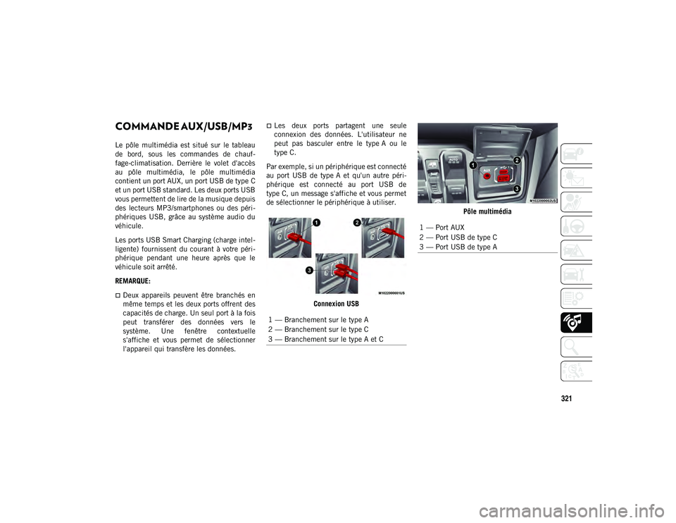 JEEP WRANGLER 2DOORS 2020 Notice dentretien (in French) 321
COMMANDE AUX/USB/MP3
Le pôle multimédia est situé sur le tableau
de bord, sous les commandes de chauf-
fage-climatisation. Derrière le volet d'accès
au pôle multimé JEEP WRANGLER 2DOORS 2020 Notice dentretien (in French) 321
COMMANDE AUX/USB/MP3
Le pôle multimédia est situé sur le tableau
de bord, sous les commandes de chauf-
fage-climatisation. Derrière le volet d'accès
au pôle multimé