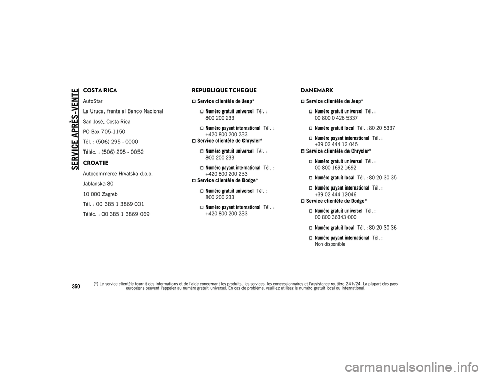 JEEP WRANGLER 2DOORS 2020  Notice dentretien (in French) SERVICE APRÈS-VENTE

(*) Le service clientèle fournit des informations et de l'aide concernant les produits, les services, les concessionnaires et l'assistance routière 24 h/24. La plupart 
