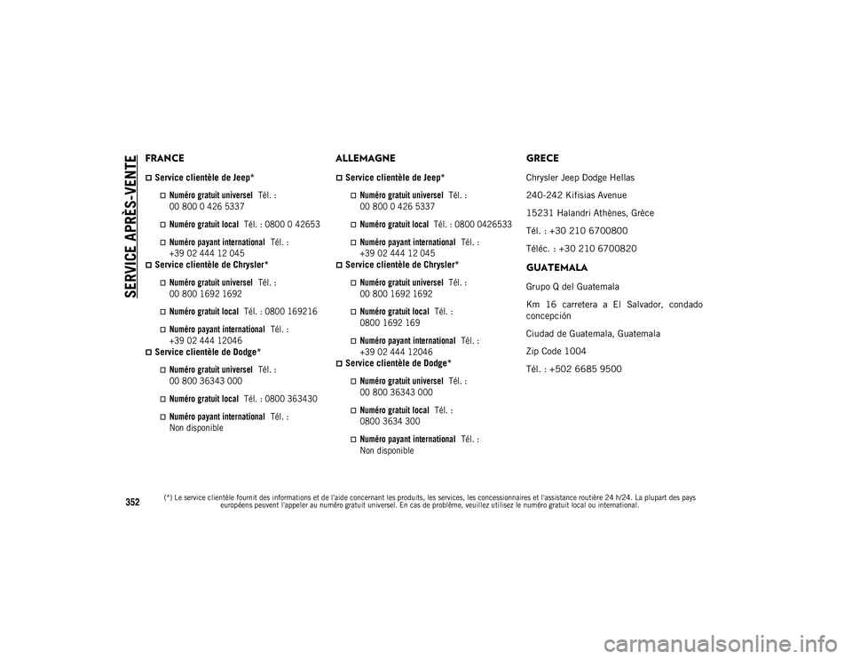 JEEP WRANGLER 2DOORS 2020  Notice dentretien (in French) SERVICE APRÈS-VENTE

(*) Le service clientèle fournit des informations et de l'aide concernant les produits, les services, les concessionnaires et l'assistance routière 24 h/24. La plupart 