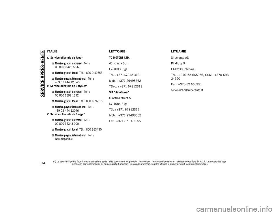 JEEP WRANGLER 2DOORS 2020  Notice dentretien (in French) SERVICE APRÈS-VENTE

(*) Le service clientèle fournit des informations et de l'aide concernant les produits, les services, les concessionnaires et l'assistance routière 24 h/24. La plupart 