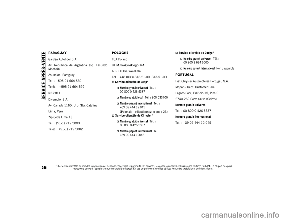 JEEP WRANGLER 2DOORS 2020  Notice dentretien (in French) SERVICE APRÈS-VENTE

(*) Le service clientèle fournit des informations et de l'aide concernant les produits, les services, les concessionnaires et l'assistance routière 24 h/24. La plupart 