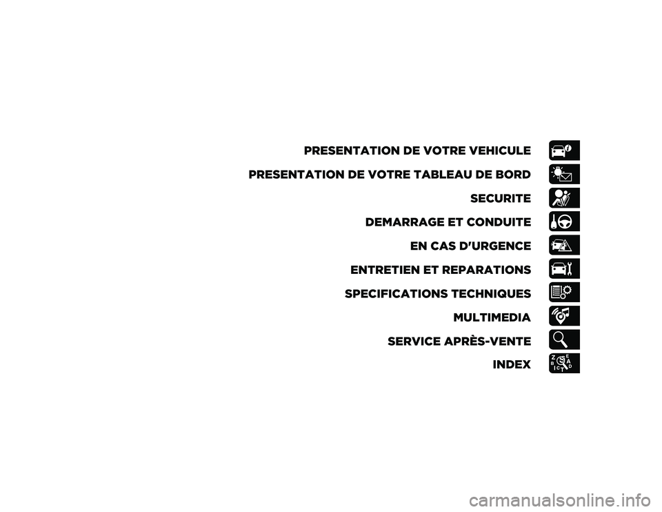 JEEP WRANGLER 2DOORS 2020  Notice dentretien (in French) PRESENTATION DE VOTRE VEHICULE
PRESENTATION DE VOTRE TABLEAU DE BORD SECURITE
DEMARRAGE ET CONDUITE EN CAS D'URGENCE
ENTRETIEN ET REPARATIONS
SPECIFICATIONS TECHNIQUES MULTIMEDIA
SERVICE APRÈS-VE