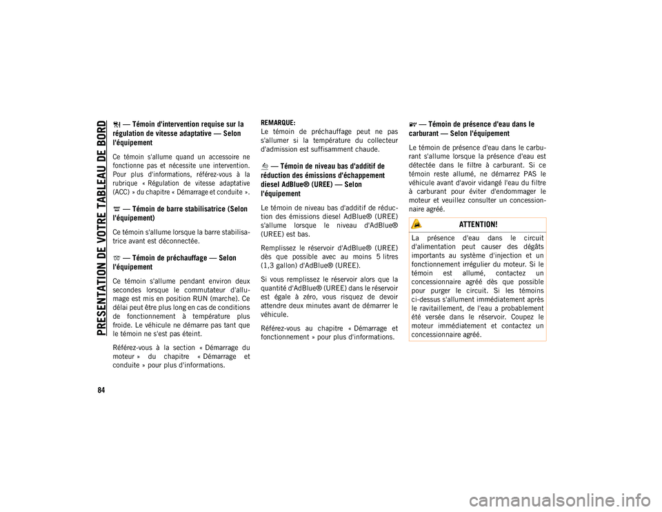 JEEP WRANGLER 2DOORS 2021 Notice dentretien (in French) PRESENTATION DE VOTRE TABLEAU DE BORD
84
— Témoin d'intervention requise sur la
régulation de vitesse adaptative — Selon
l'équipement
Ce témoin s'allume quand un accessoir JEEP WRANGLER 2DOORS 2021 Notice dentretien (in French) PRESENTATION DE VOTRE TABLEAU DE BORD
84
— Témoin d'intervention requise sur la
régulation de vitesse adaptative — Selon
l'équipement
Ce témoin s'allume quand un accessoir