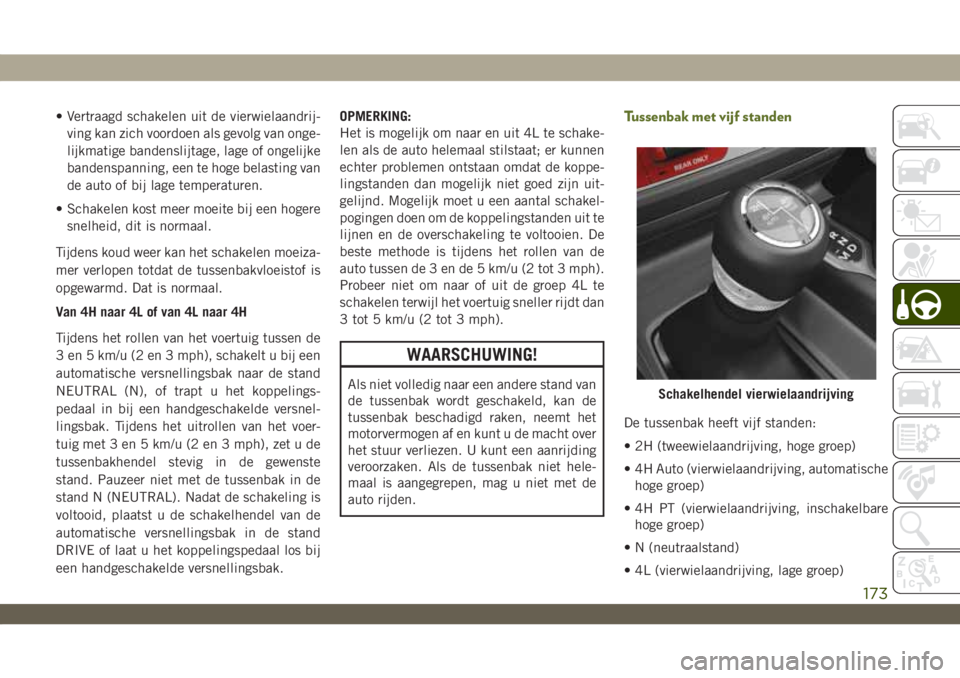 JEEP WRANGLER 2DOORS 2019 Instructieboek (in Dutch) • Vertraagd schakelen uit de vierwielaandrij-
ving kan zich voordoen als gevolg van onge-
lijkmatige bandenslijtage, lage of ongelijke
bandenspanning, een te hoge belasting van
de auto of bij lage t JEEP WRANGLER 2DOORS 2019 Instructieboek (in Dutch) • Vertraagd schakelen uit de vierwielaandrij-
ving kan zich voordoen als gevolg van onge-
lijkmatige bandenslijtage, lage of ongelijke
bandenspanning, een te hoge belasting van
de auto of bij lage t