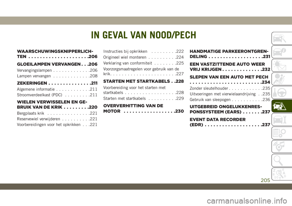 JEEP WRANGLER 2DOORS 2019  Instructieboek (in Dutch) IN GEVAL VAN NOOD/PECH
WAARSCHUWINGSKNIPPERLICH-
TEN .....................206
GLOEILAMPEN VERVANGEN . . .206
Vervangingslampen.............206
Lampen vervangen.............208
ZEKERINGEN..............