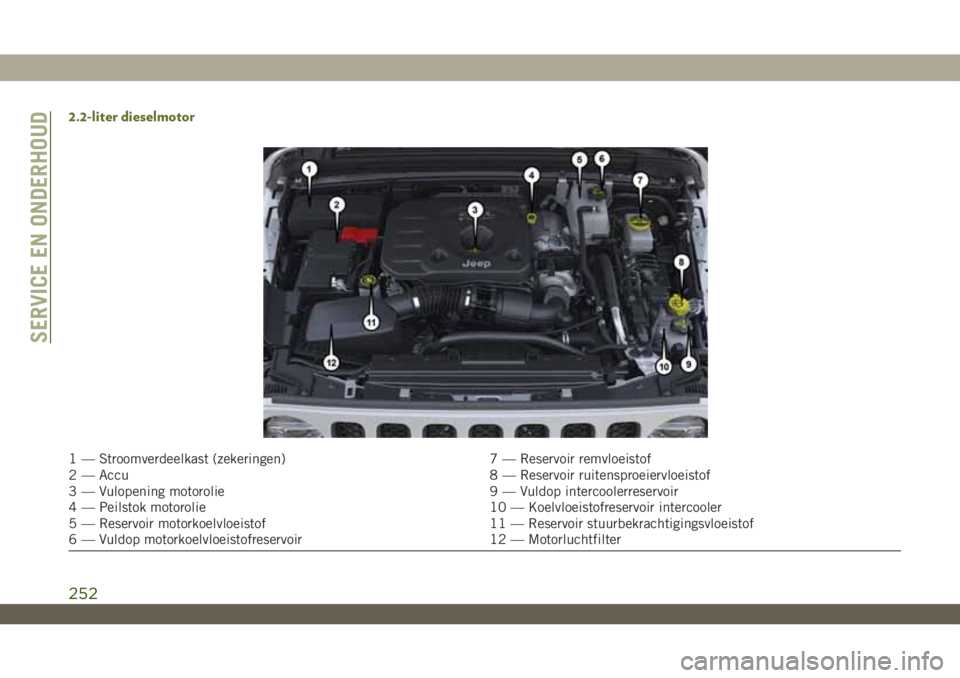 JEEP WRANGLER 2DOORS 2019 Instructieboek (in Dutch) 2.2-liter dieselmotor
1 — Stroomverdeelkast (zekeringen) 7 — Reservoir remvloeistof
2 — Accu 8 — Reservoir ruitensproeiervloeistof
3 — Vulopening motorolie 9 — Vuldop intercoolerreservoir
JEEP WRANGLER 2DOORS 2019 Instructieboek (in Dutch) 2.2-liter dieselmotor
1 — Stroomverdeelkast (zekeringen) 7 — Reservoir remvloeistof
2 — Accu 8 — Reservoir ruitensproeiervloeistof
3 — Vulopening motorolie 9 — Vuldop intercoolerreservoir