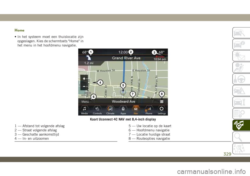 JEEP WRANGLER 2DOORS 2019 Instructieboek (in Dutch) Home
• In het systeem moet een thuislocatie zijn
opgeslagen. Kies de schermtoets "Home" in
het menu in het hoofdmenu navigatie.
Kaart Uconnect 4C NAV met 8,4-inch display
1 — Afstand tot v JEEP WRANGLER 2DOORS 2019 Instructieboek (in Dutch) Home
• In het systeem moet een thuislocatie zijn
opgeslagen. Kies de schermtoets "Home" in
het menu in het hoofdmenu navigatie.
Kaart Uconnect 4C NAV met 8,4-inch display
1 — Afstand tot v